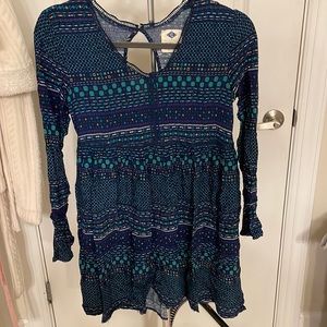 Navy Blue Geometric Pattern Long Sleeve Dress